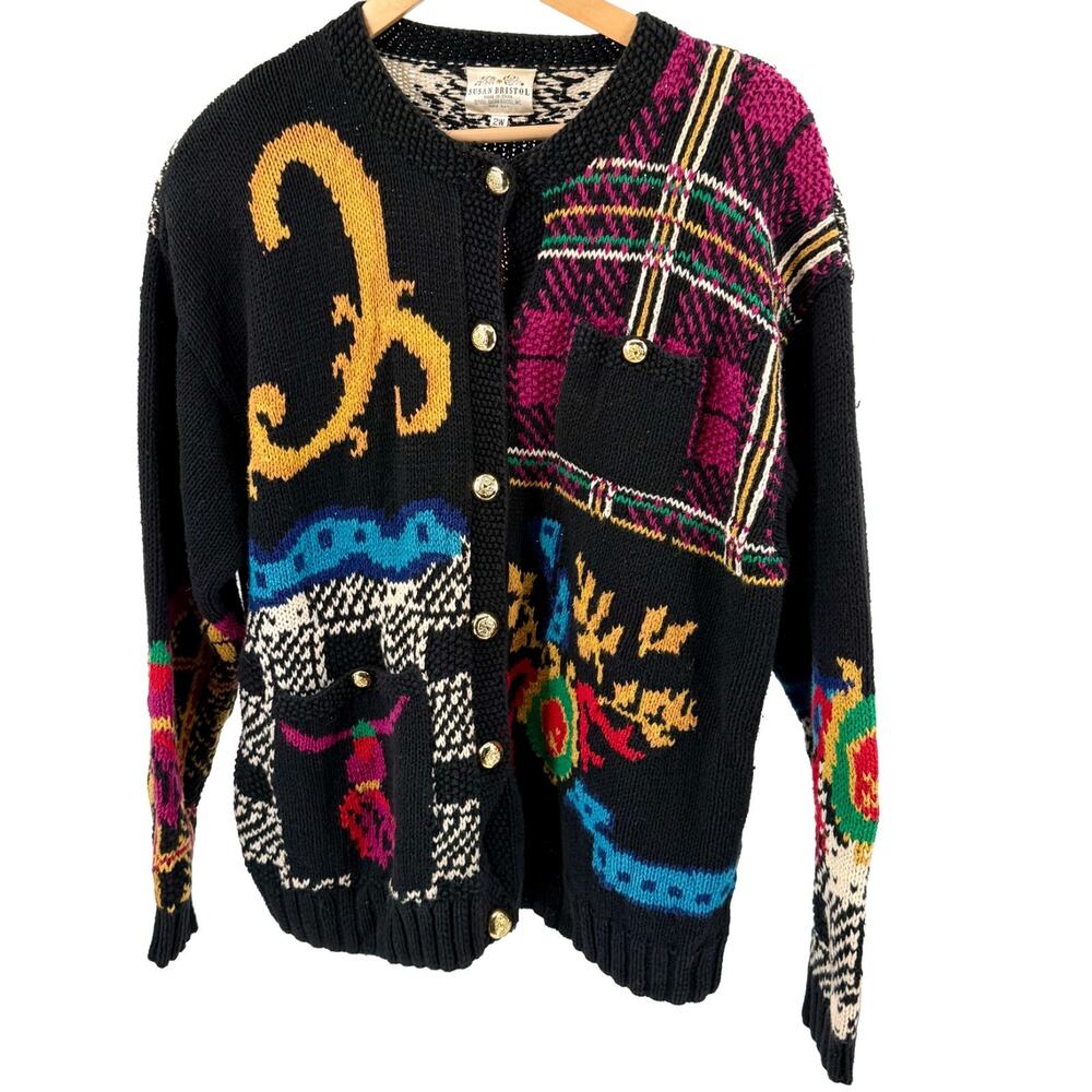 Vintage 90s Susan Bristol Black Hand Knit Novelty Intarsia Cardigan